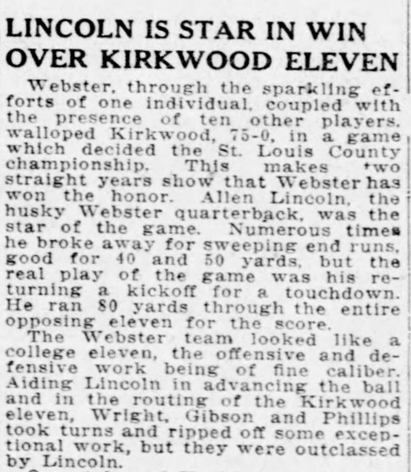 1917: A Webster win over the Kirkwood Eleven